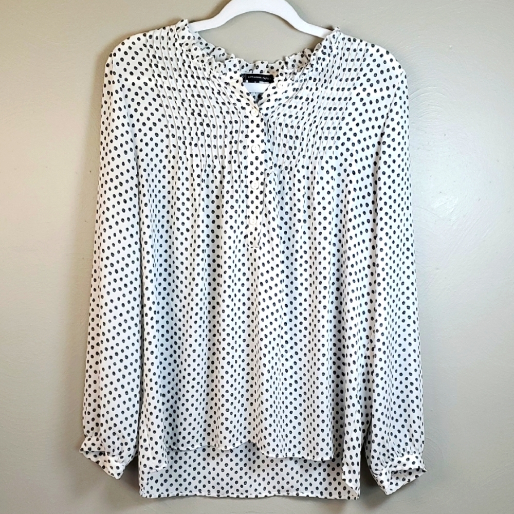 Adrianna Papell Pintuck Buttoned, Polka Dot Women's Blouse. Medium